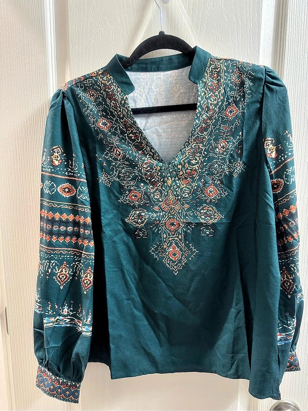Printed Long Sleeve Blouse in Blue & Orange Size XL Like New
